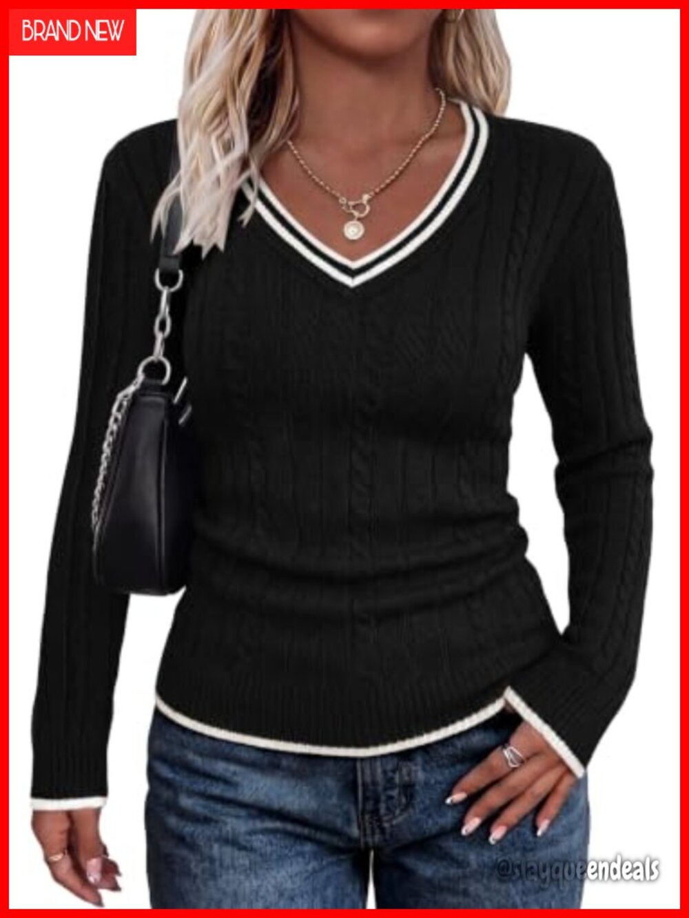 Sweater Women V Neck Long Sleeve Color Block Slim Fit Cable Knit Pullover